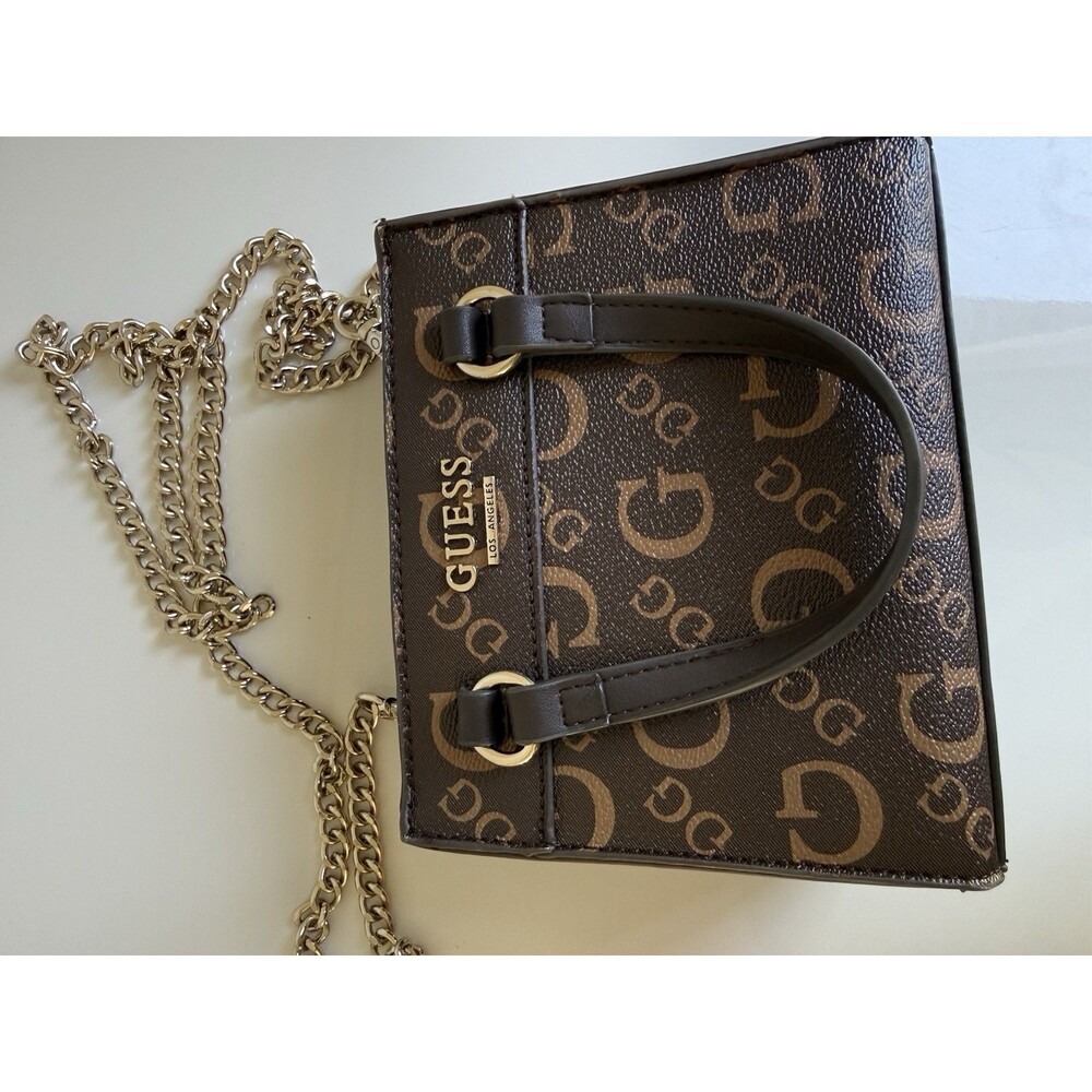 GUESS Brown Monogram Logo Mini Satchel Crossbody Bag Chain Strap
